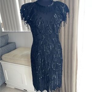 Vintage LAURENCE KAZAR Embellished Beaded Sequin Fringe Hem 100% Silk Dress sz S